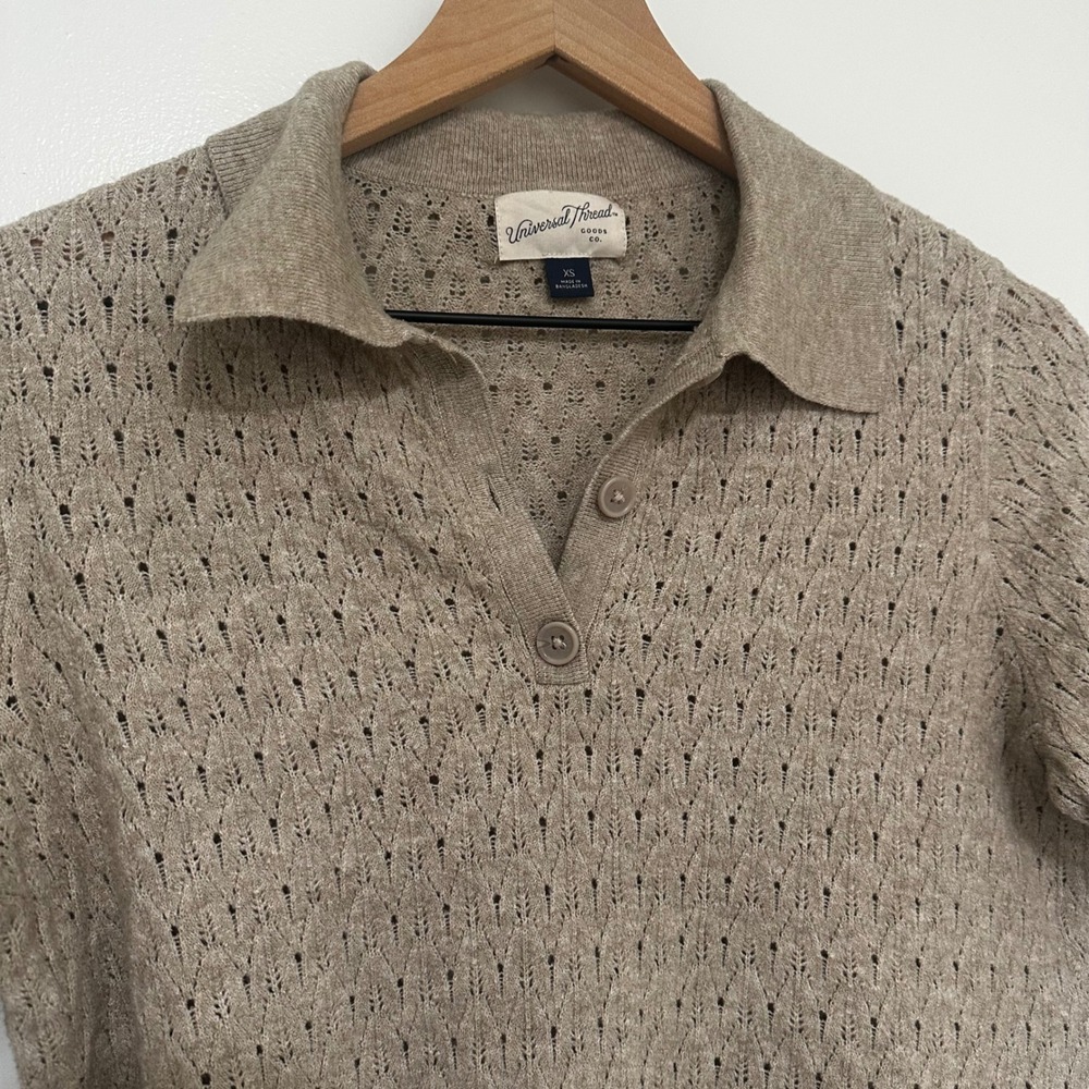 Universal Thread | Oatmeal Pointelle Knit Polo Short Sleeve Sweater Top, XS - Picture 3 of 5